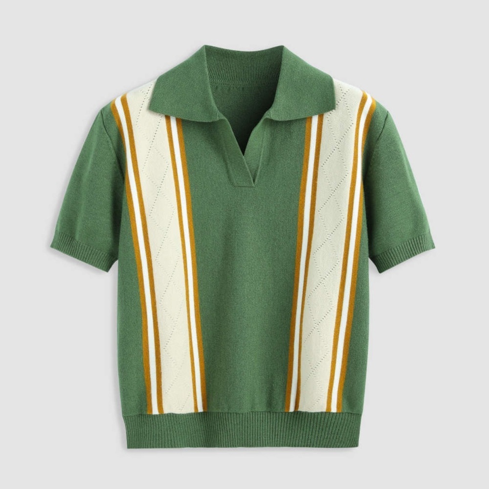 Cider Green Unisex Cream Short Sleeve knitted Striped Polo Top